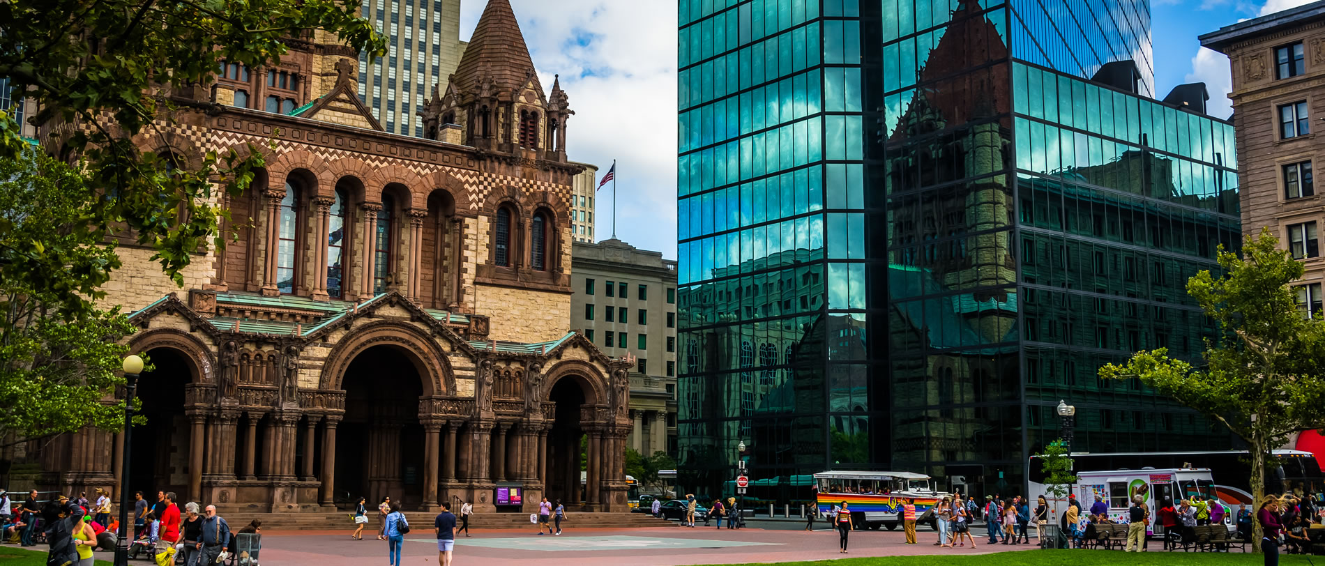 The John Hancock Building and Trinity Church at Copley Square in Boston, Massachusetts.